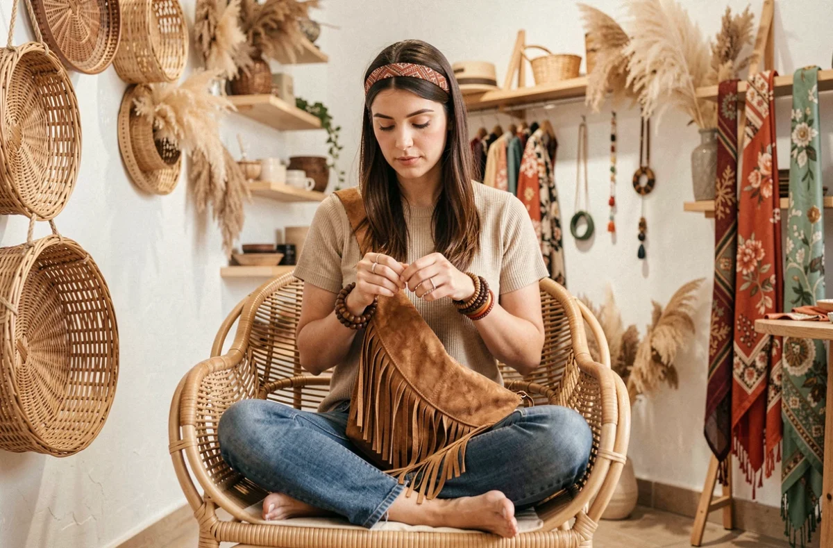 Jeune femme bohème assise dans une boutique chic avec un sac à franges en daim, un bandeau imprimé et des bracelets en bois empilés