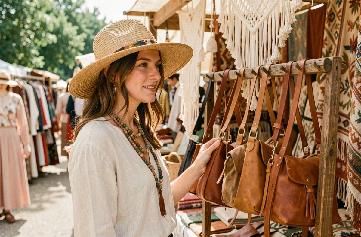 Femme bohème portant un chapeau de paille à larges bords et des colliers en perles devant des sacs en cuir artisanaux dans un marché hippie chic