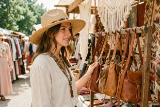 Femme bohème portant un chapeau de paille à larges bords et des colliers en perles devant des sacs en cuir artisanaux dans un marché hippie chic