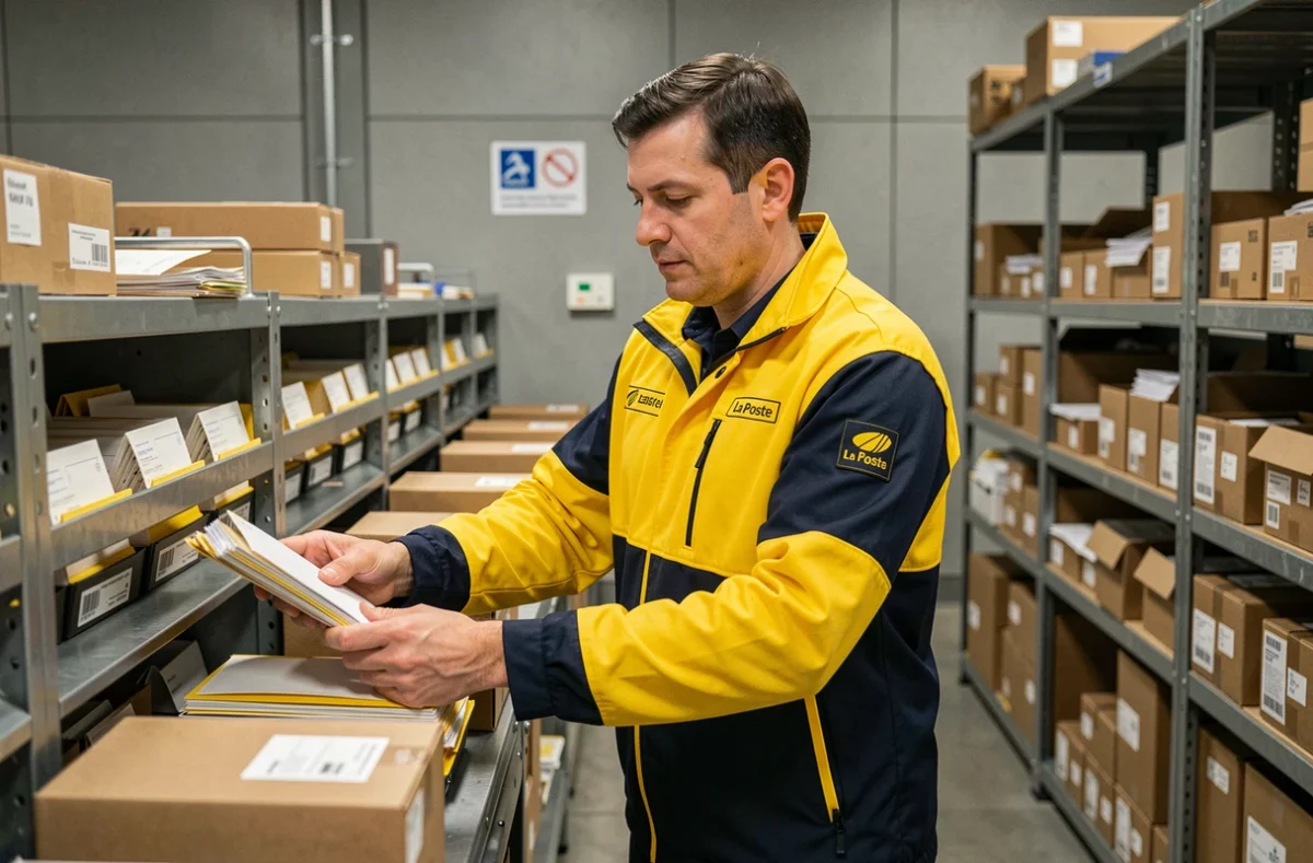 Agent postal masculin en uniforme La Poste triant des courriers dans un centre de distribution logistique