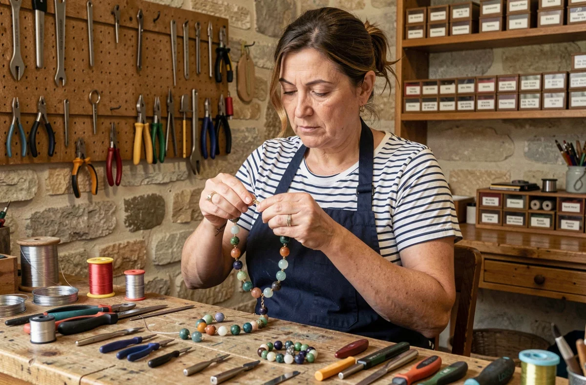 Artisane française assemblant un bola de grossesse dans son atelier de bijouterie