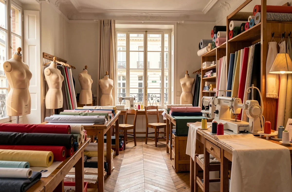 Atelier de haute couture avec mannequins de couture et rouleaux de tissu