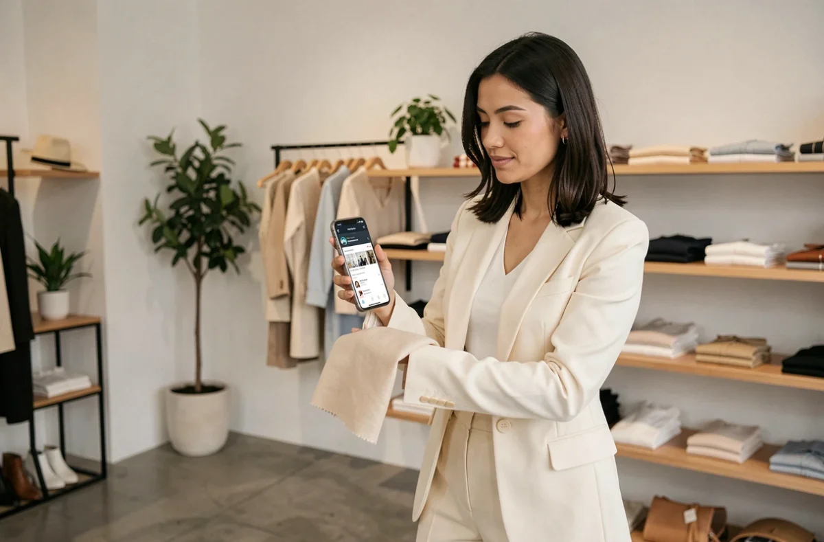 Femme consultant des avis clients sur son téléphone dans une boutique de mode minimaliste avec des vêtements exposés sur des étagères en bois