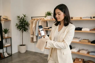Femme consultant des avis clients sur son téléphone dans une boutique de mode minimaliste avec des vêtements exposés sur des étagères en bois