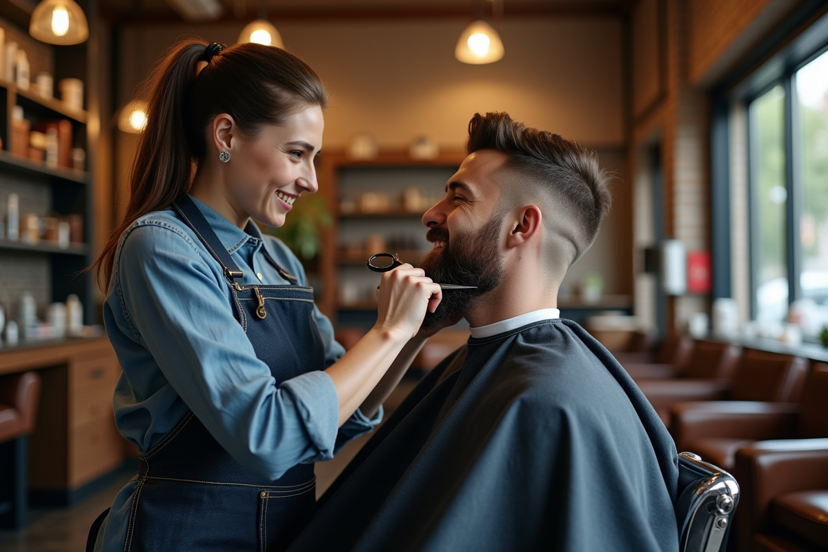 Barbière coiffant un client avec des ciseaux dans un salon