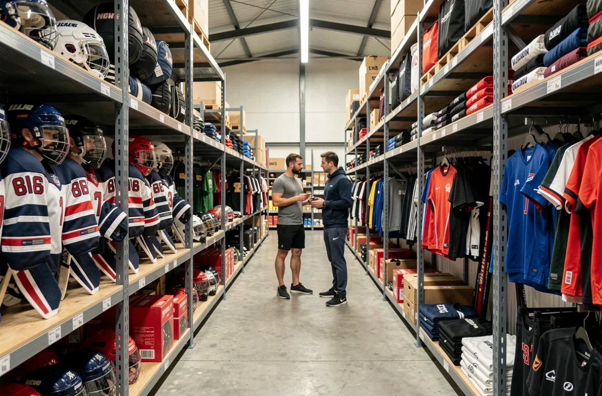 Intérieur du Big Pro Shop à Lille avec des rayons d'équipements sportifs professionnels et un client se faisant conseiller par un vendeur