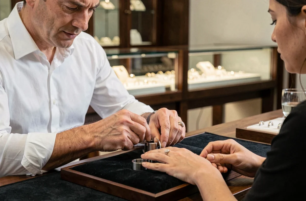 Bijoutier professionnel mesurant le doigt d'une cliente avec des calibres en acier dans une bijouterie élégante