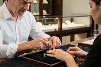 Bijoutier professionnel mesurant le doigt d'une cliente avec des calibres en acier dans une bijouterie élégante