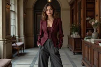 Femme en blazer corset bordeaux et pantalon large en laine dans une boutique parisienne, style Vivienne Westwood