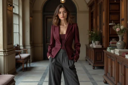 Femme en blazer corset bordeaux et pantalon large en laine dans une boutique parisienne, style Vivienne Westwood