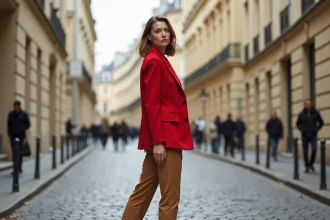 Femme portant un blazer rouge vif avec un pantalon camel, associant couleurs complémentaires pour un style affirmé en ville