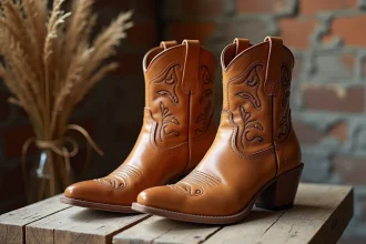 Paire de bottines country vegan style western en faux cuir beige avec broderies florales sur surface en bois vieilli