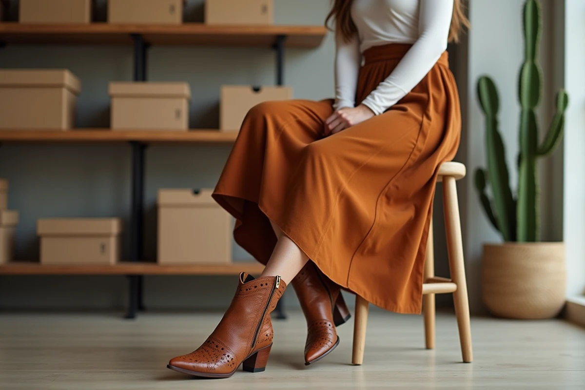 Femme assise en boutique portant des bottines western vegan cognac à découpes géométriques avec jupe midi terracotta