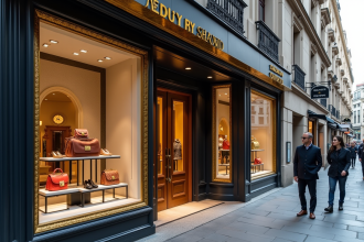 Vitrine de boutique de luxe avec sacs à main et chaussures élégants
