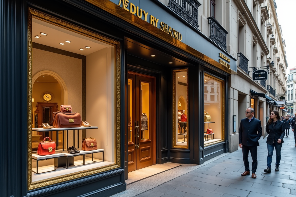 Vitrine de boutique de luxe avec sacs à main et chaussures élégants