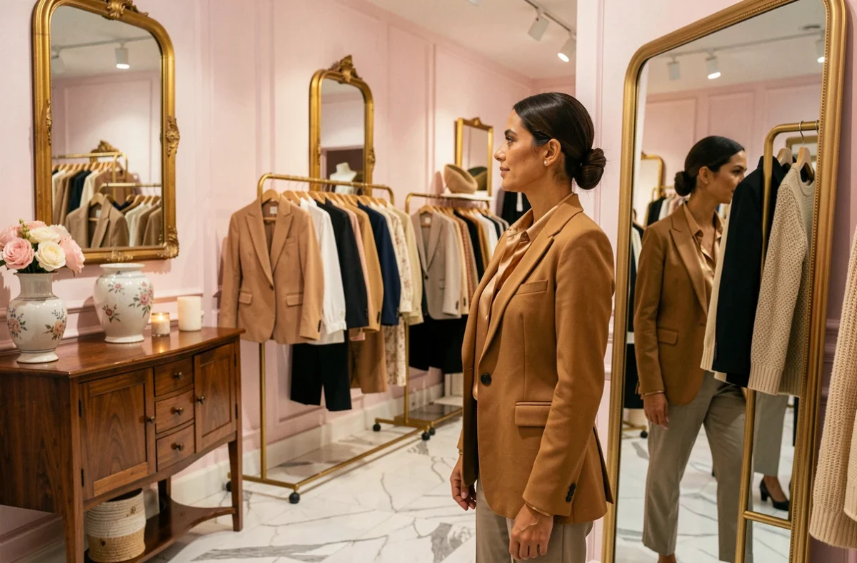 Boutique Siana Maison B à Beauvais avec une femme élégante devant un miroir dans un intérieur raffiné aux accents dorés