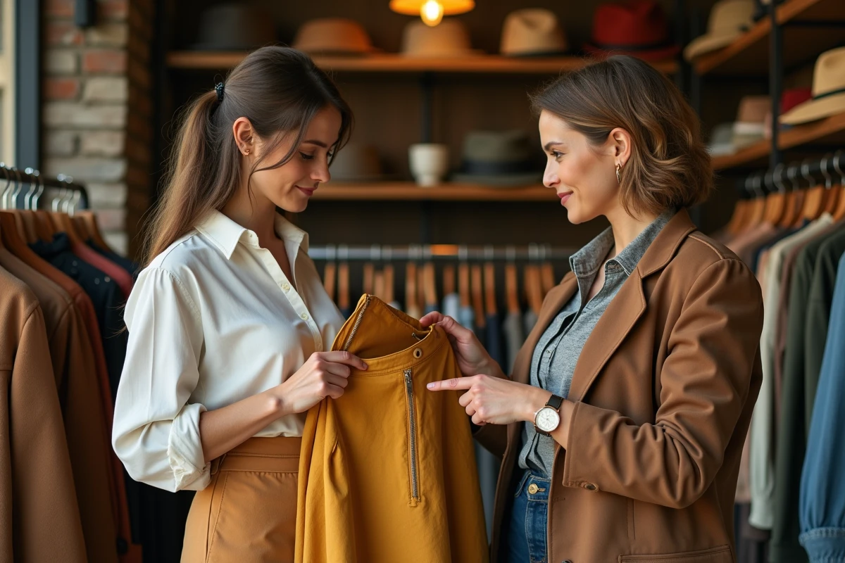 Cliente et vendeuse examinant ensemble une jupe vintage années 70 dans une boutique de vêtements d'occasion pour valider son authenticité