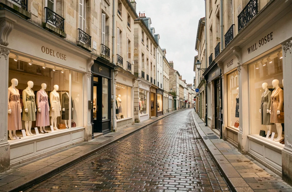 Rue commerçante de l'Oise avec plusieurs boutiques de prêt-à-porter féminin aux vitrines élégantes