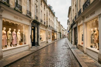 Rue commerçante de l'Oise avec plusieurs boutiques de prêt-à-porter féminin aux vitrines élégantes
