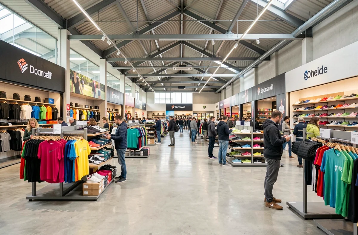 Vue panoramique d'une grande zone commerciale de vêtements de sport dans le Nord de la France avec des rayons colorés et des clients variés