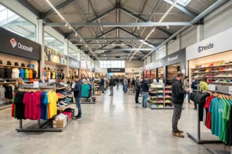 Vue panoramique d'une grande zone commerciale de vêtements de sport dans le Nord de la France avec des rayons colorés et des clients variés