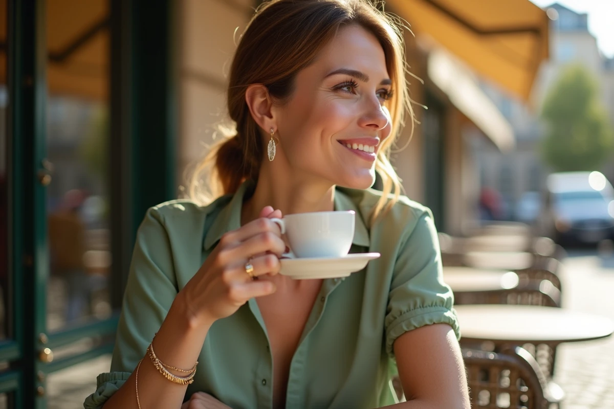 Femme portant un bracelet en or fin à une terrasse de café parisien avec un espresso, tenue élégante en soie verte