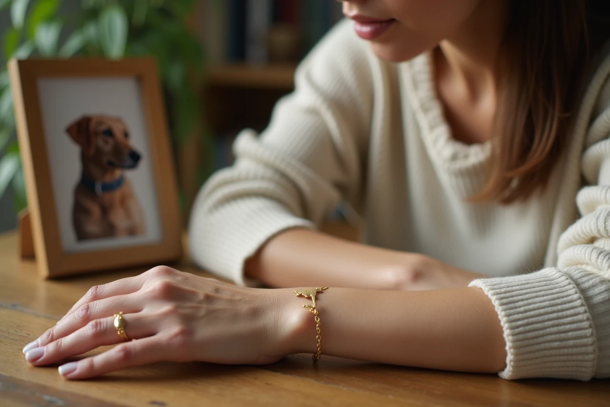 Femme portant un bracelet photo animaux avec pendentif chien gravé en or, posé sur une table en bois avec photo de son animal de compagnie