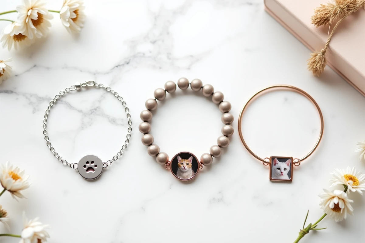 Pose à plat de trois bracelets photo animaux de compagnie différents sur marbre blanc, bracelet argent chien, bracelet résine chat et jonc or rose