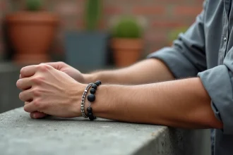 Bracelet pierre naturelle onyx et bracelet acier inoxydable portés ensemble au poignet d'un homme sur fond de béton urbain