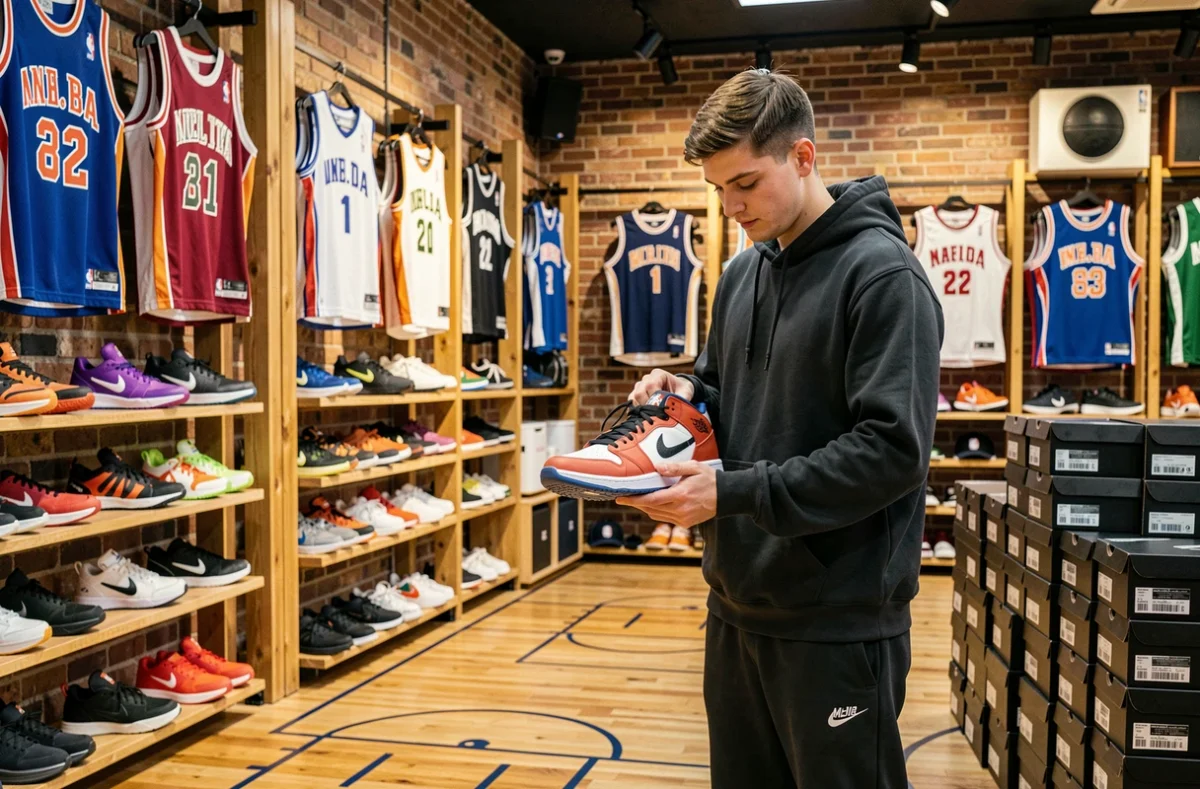 Un jeune homme inspectant des baskets de basketball dans la boutique spécialisée Bshop Basketball à Lille, entouré de maillots NBA