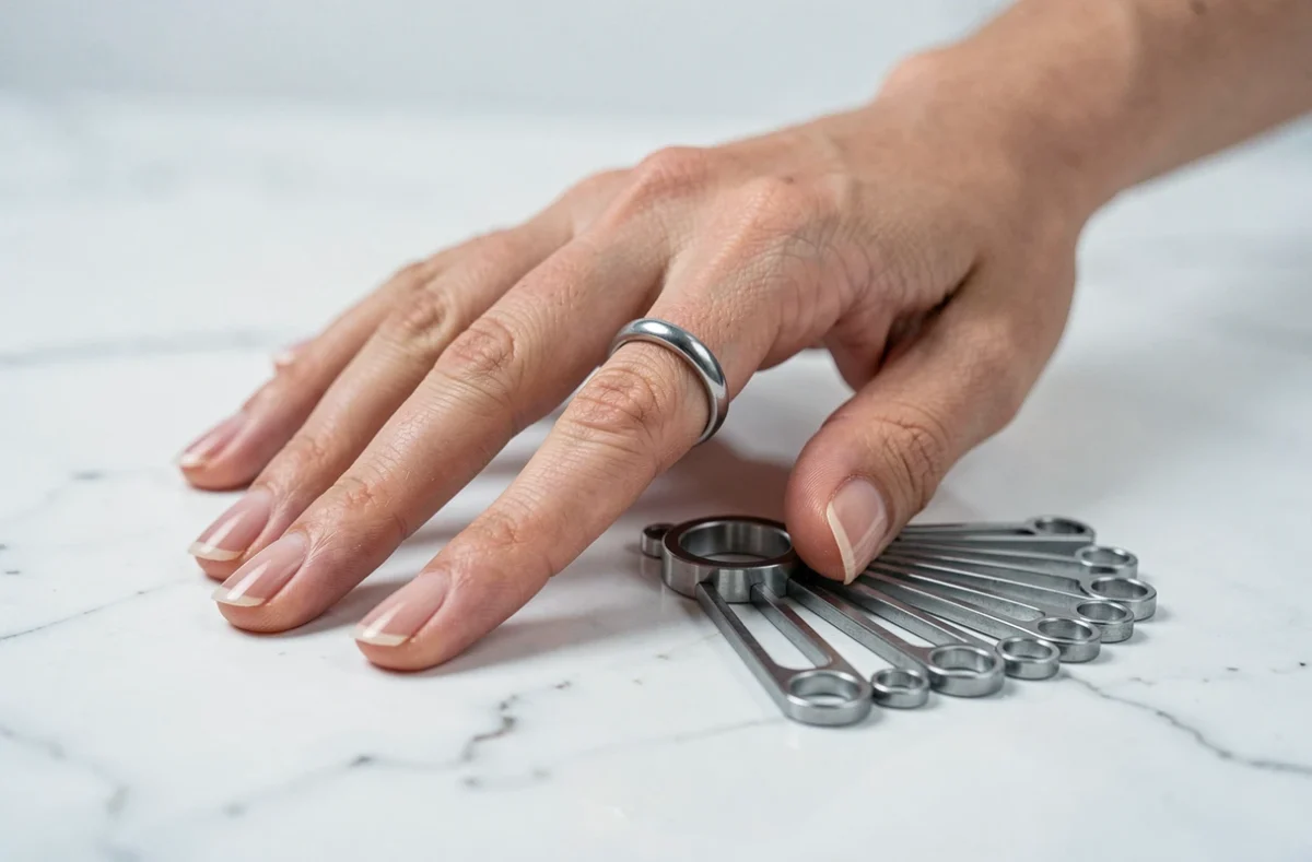 Gros plan de calibres de bague en métal sur une surface en marbre blanc pour mesurer la taille exacte d'un doigt
