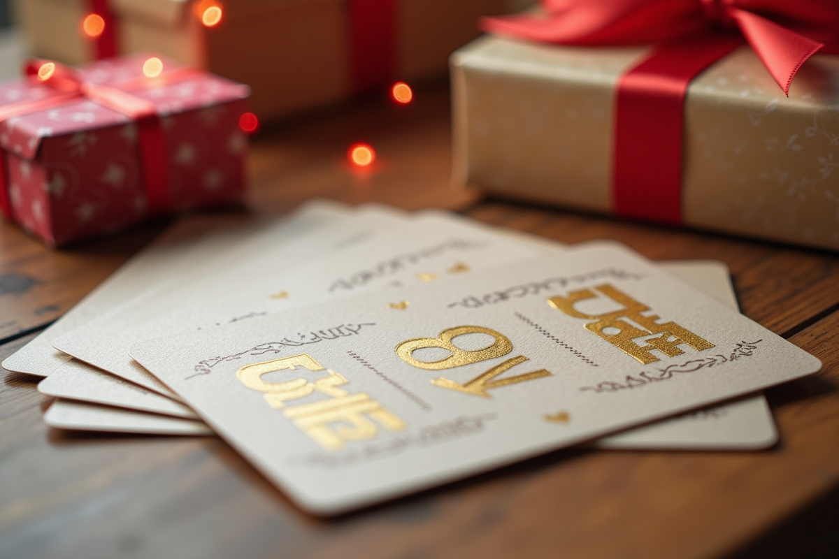 Gros plan de plusieurs cartes cadeau sur une table en bois