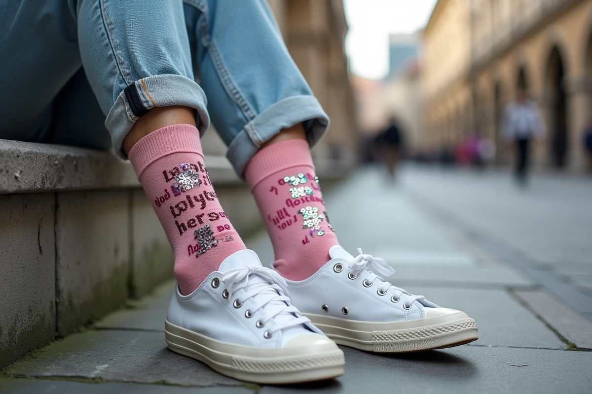 Chaussettes paillettes avec message brodé portées avec des baskets blanches par une femme assise sur un banc urbain