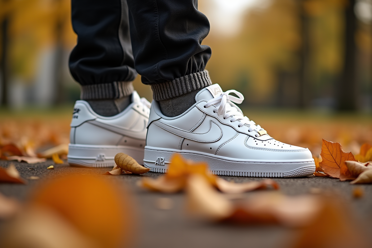 Sneakers Air Force 1 sur pieds avec feuilles d