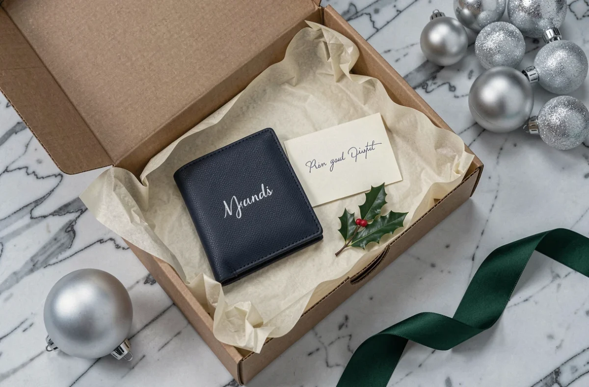 Coffret cadeau de Noël pour homme comprenant un portefeuille en cuir marine personnalisé avec initiales gravées au laser