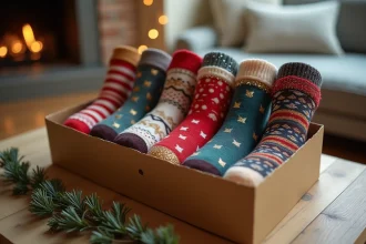 Coffret cadeau de chaussettes pailletées colorées disposées sur une table en bois rustique avec emballage kraft et eucalyptus séché
