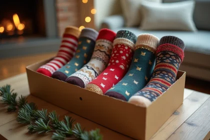 Coffret cadeau de chaussettes pailletées colorées disposées sur une table en bois rustique avec emballage kraft et eucalyptus séché