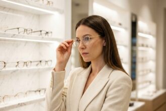 Femme élégante tenant des lunettes design à monture dorée dans une boutique de mode luxueuse