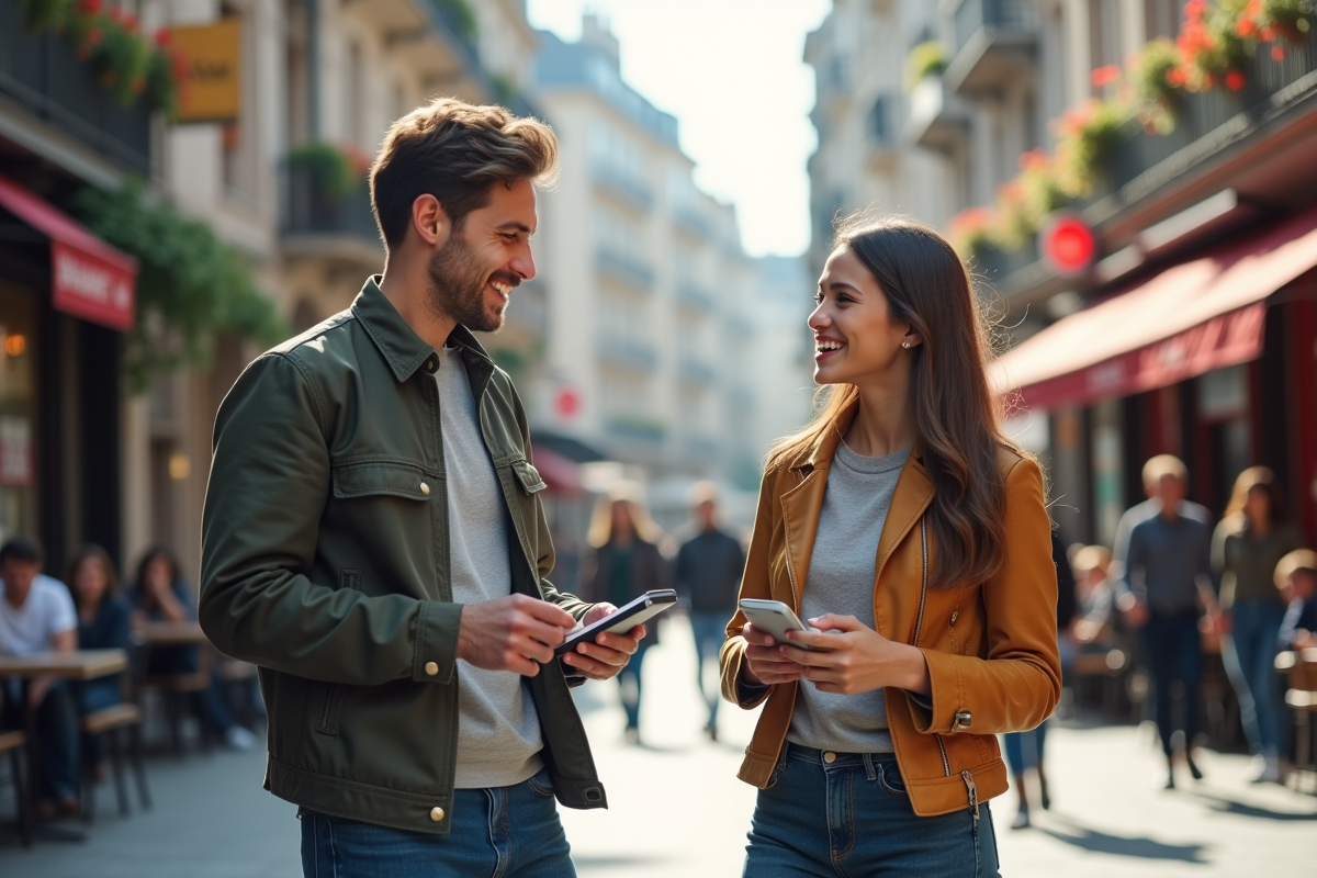 Deux professionnels discutant en ville dynamique
