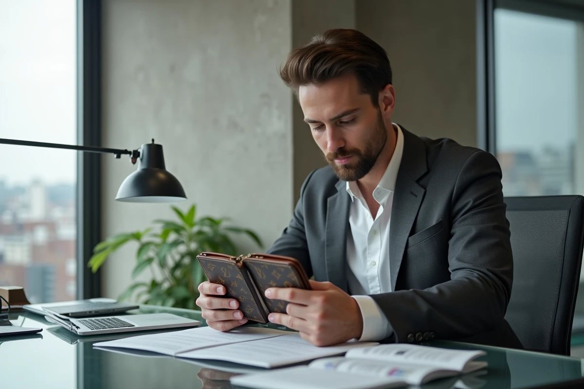 Homme comparant deux portefeuilles Louis Vuitton côte à côte pour détecter les différences d'authenticité
