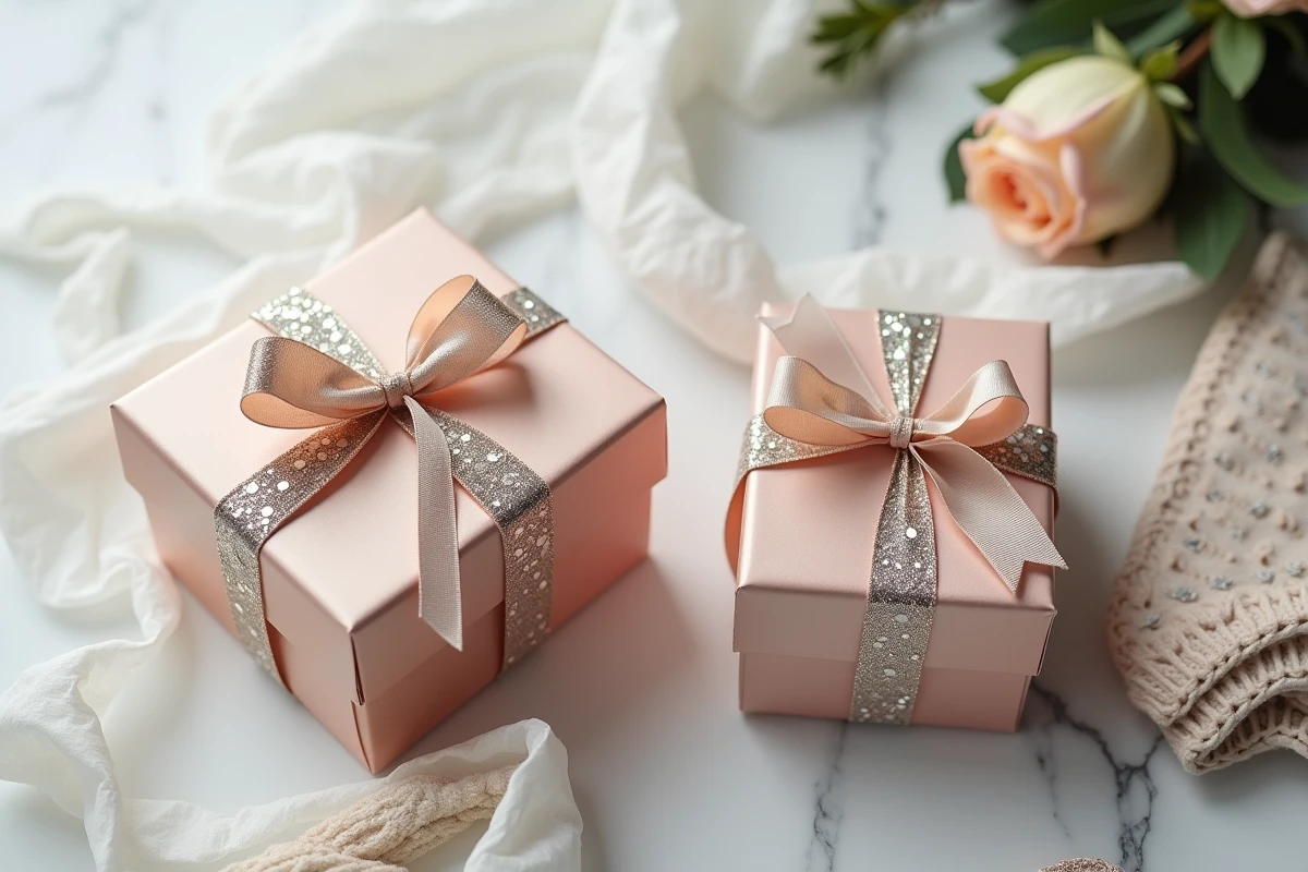 Deux coffrets cadeaux de chaussettes côte à côte sur marbre, l'un avec ruban pailleté et l'autre avec nœud satin, entourés de papier de soie