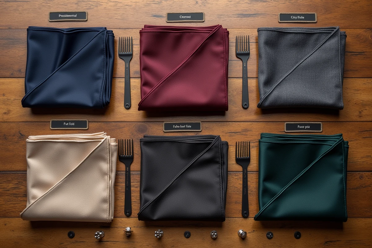 Vue aérienne de cinq pochettes de costume pliées selon différentes méthodes sur une surface en bois avec étiquettes et boutons de manchettes