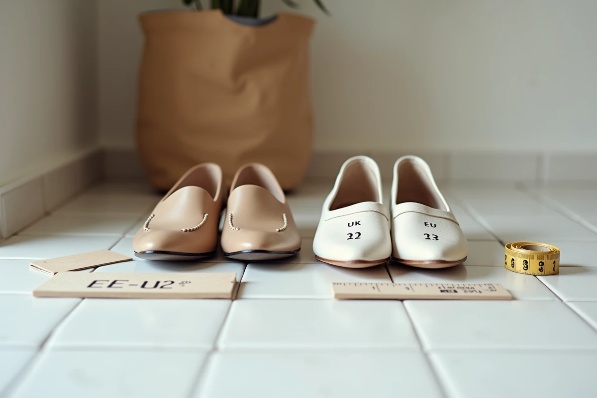 Comparaison de chaussures avec étiquettes de taille UK et EU posées sur carrelage blanc avec mètre ruban pour guide de conversion de pointures