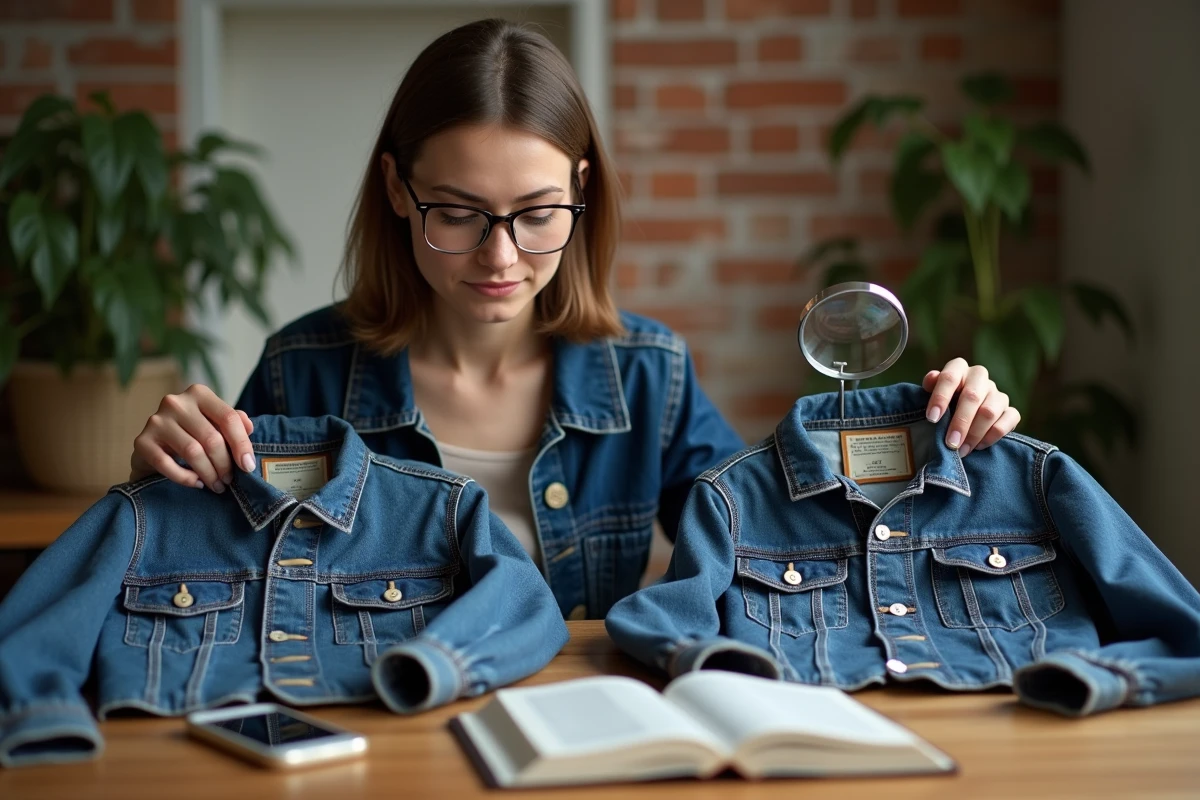 Femme comparant deux vestes en jean vintage à domicile avec une loupe pour identifier une éventuelle contrefaçon