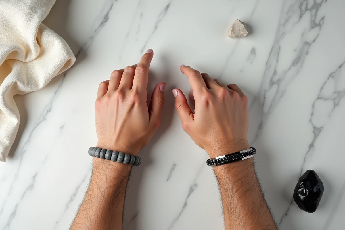 Vue de dessus comparative de deux bracelets homme, l'un en pierre de lave naturelle et l'autre en acier inoxydable poli, posés sur marbre blanc
