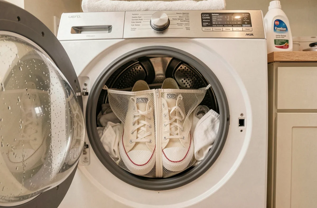 Converse dans un filet de lavage placé dans un lave-linge à hublot pour un lavage en machine