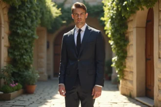 Homme élégant en costume années 60 bleu marine avec cravate fine noire et chaussures Oxford pour un mariage vintage
