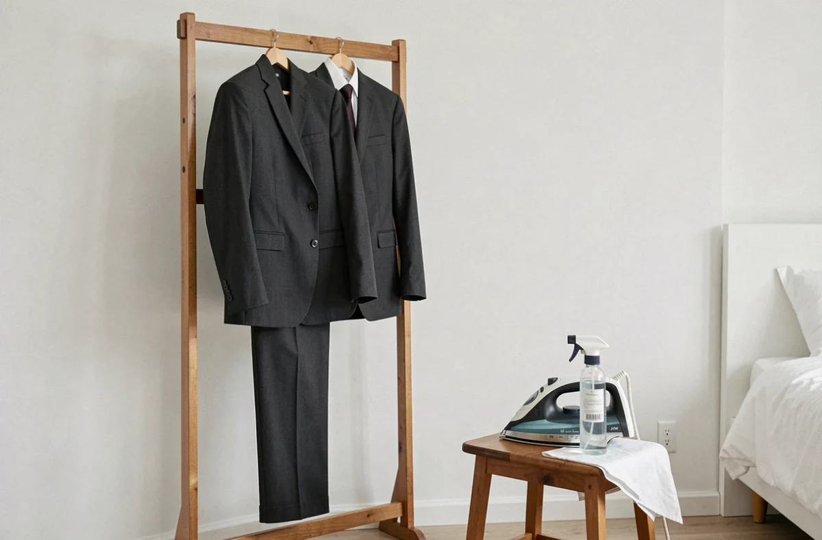 Costume complet fraîchement repassé suspendu sur un valet de chambre en bois avec fer à vapeur et accessoires de repassage au premier plan