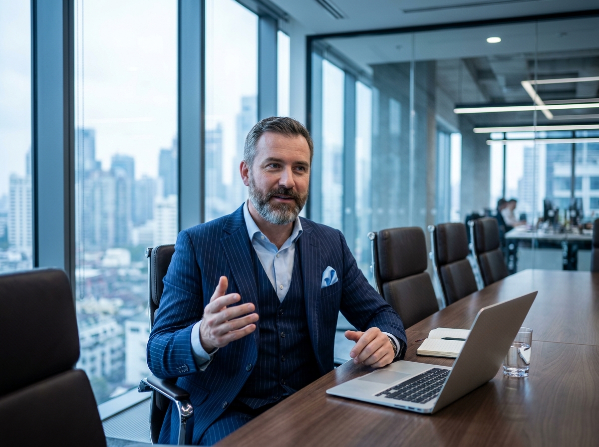 Homme d'affaires en costume trois pièces bleu marine avec gilet assis en réunion dans un bureau moderne, occasion professionnelle et formelle
