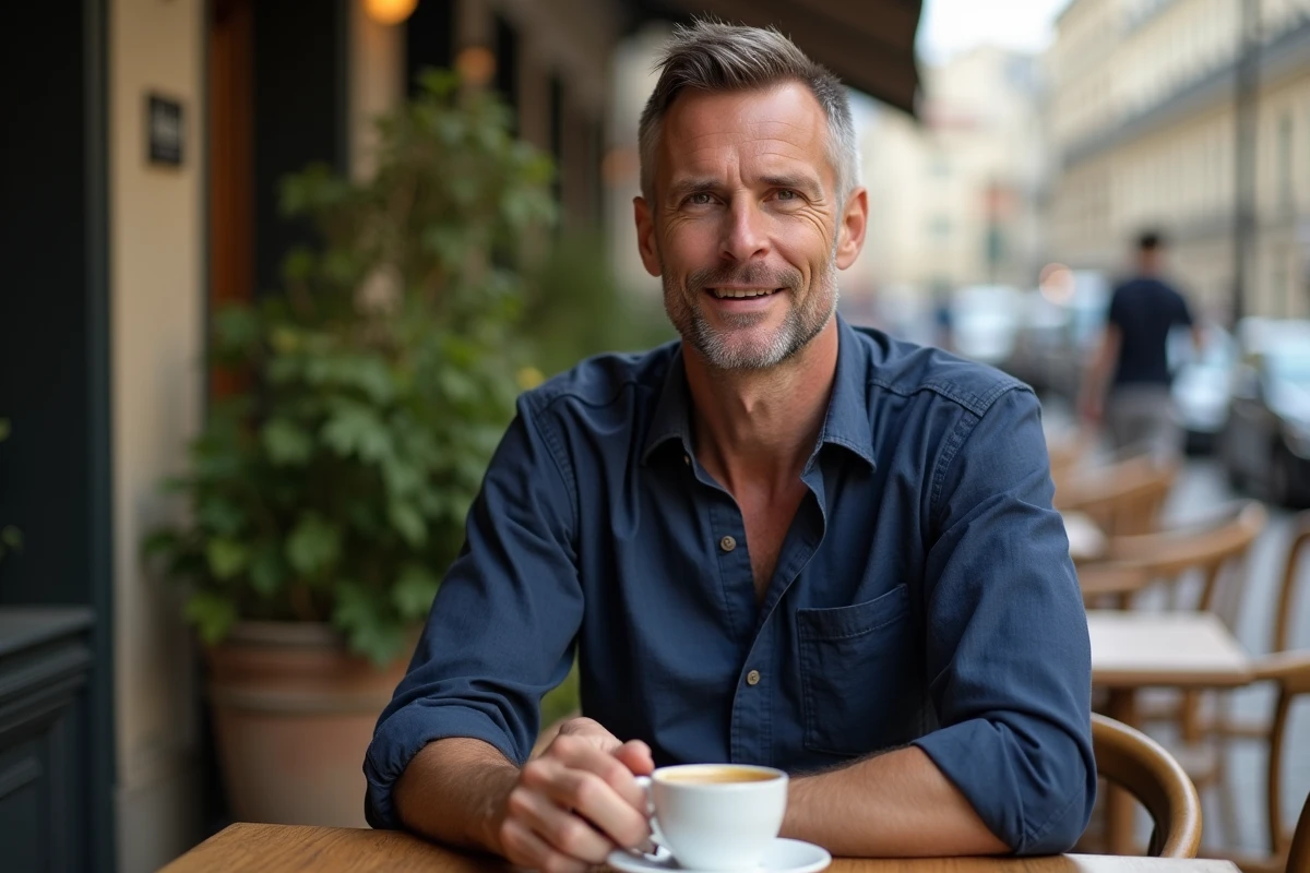 Homme de 40 ans avec une coupe courte taper fade élégante attablé dans un café parisien